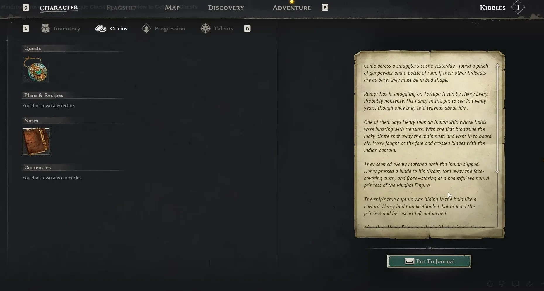 Windrose  opening the Curios tab to view the Twist of Fancy note