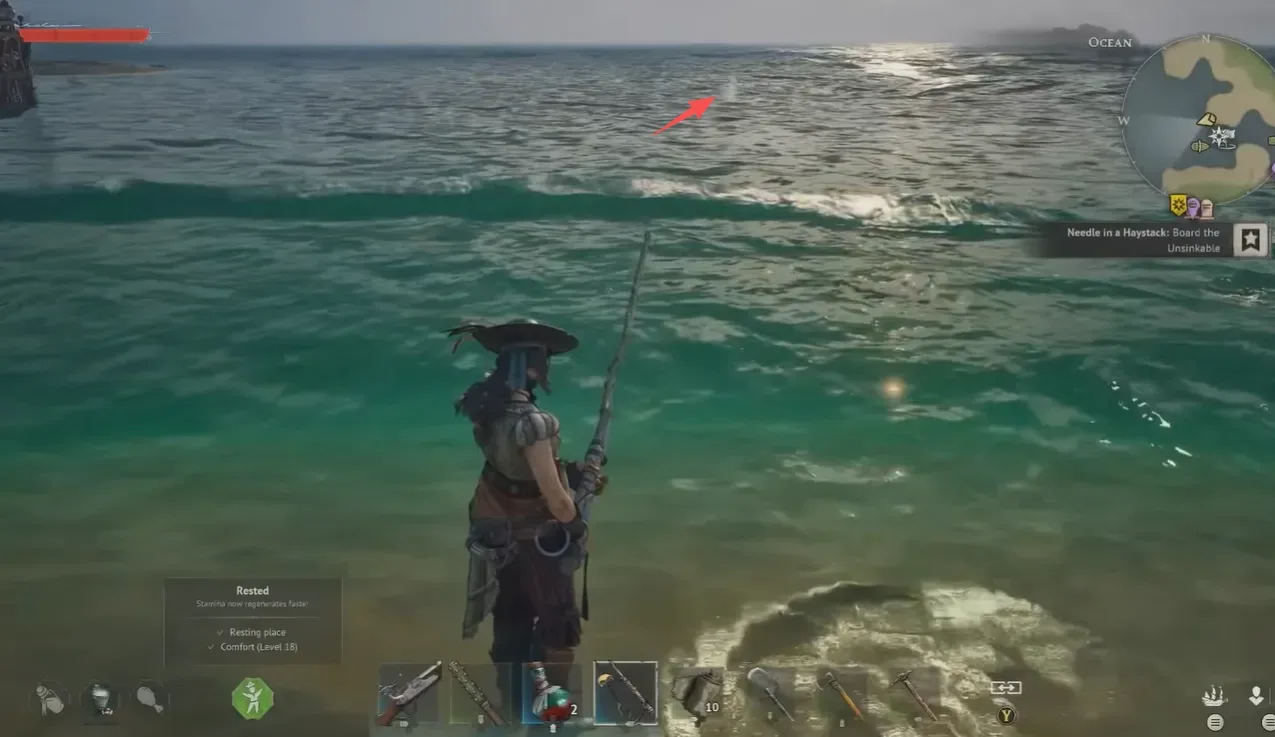 A player character in Windrose standing on a boat, fishing in deep water with a successful 'Flat Splash' visual effect.