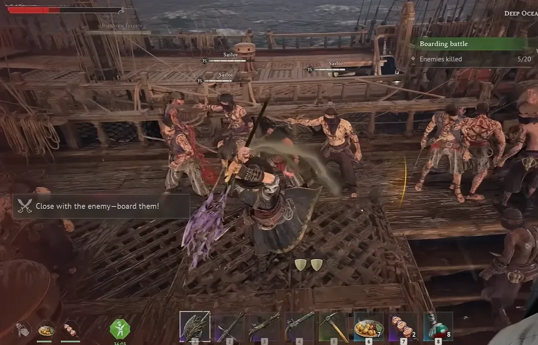 windrose-best-builds-plague-halberd-on-pirate ship-deck 