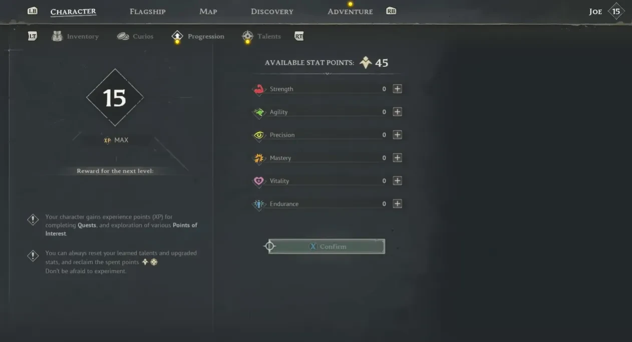 the Windrose Character Stat screen highlighting the 6 core attributes